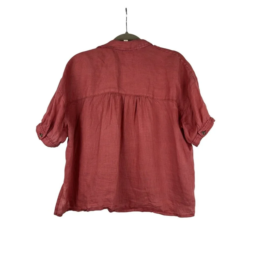 PILCRO Anthropologie Size M 100% Linen Surf Button Down Short Sleeve Shirt Pink - Picture 8 of 13